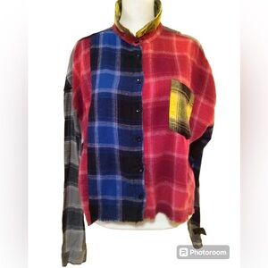 FUNKY REWORKED MIXED PANEL PLAID LONG SLEEVE BUTTON UP FLANNEL RAW HEM XL